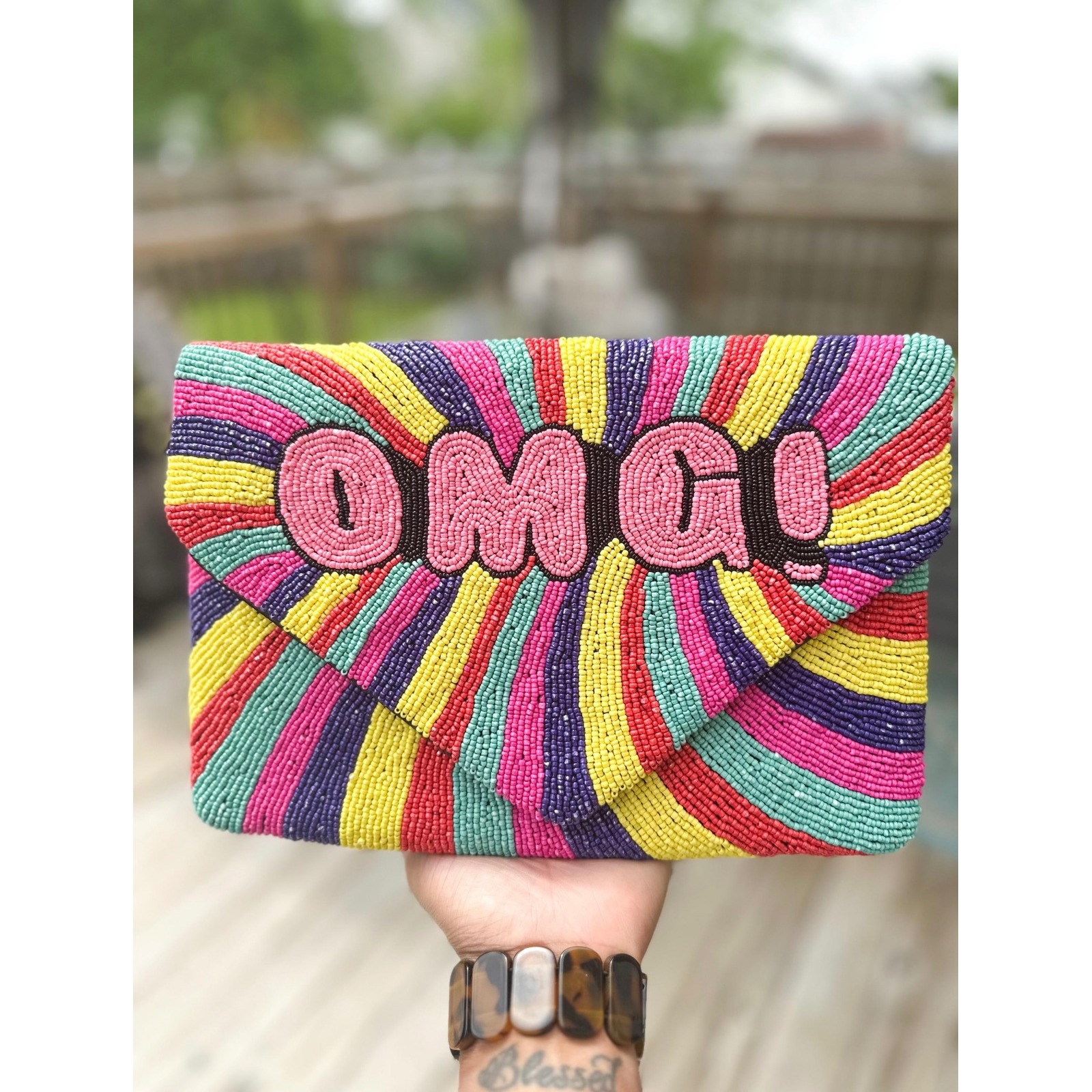Omg! Hand Beaded Clutch Purse Rainbow Colorful Fun Party Crossbody Bag Chain